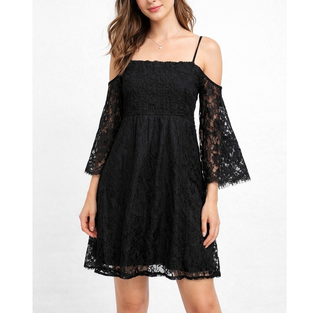 LIVE‎ 4 TRUTH Smocked Lace Mini Dress Bell Sleeves Fairy Whimsigoth Black Sz M